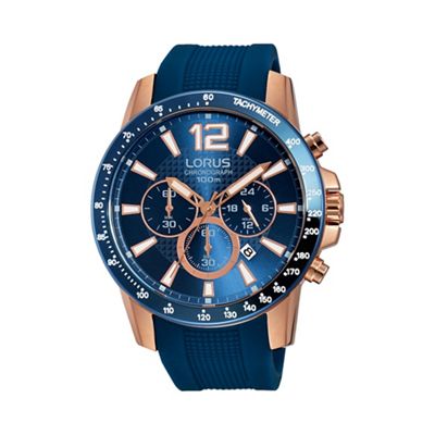 Gents rose gold case chronograph on blue silicone strap rt392ex9